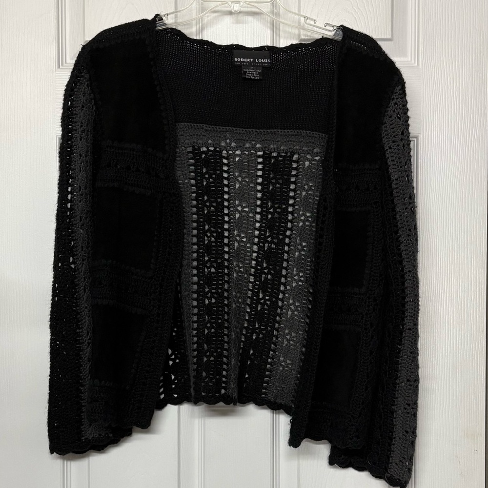 ROBERT LOUIS Suede Hand Crochet Open Cardigan Black Gray Sz M